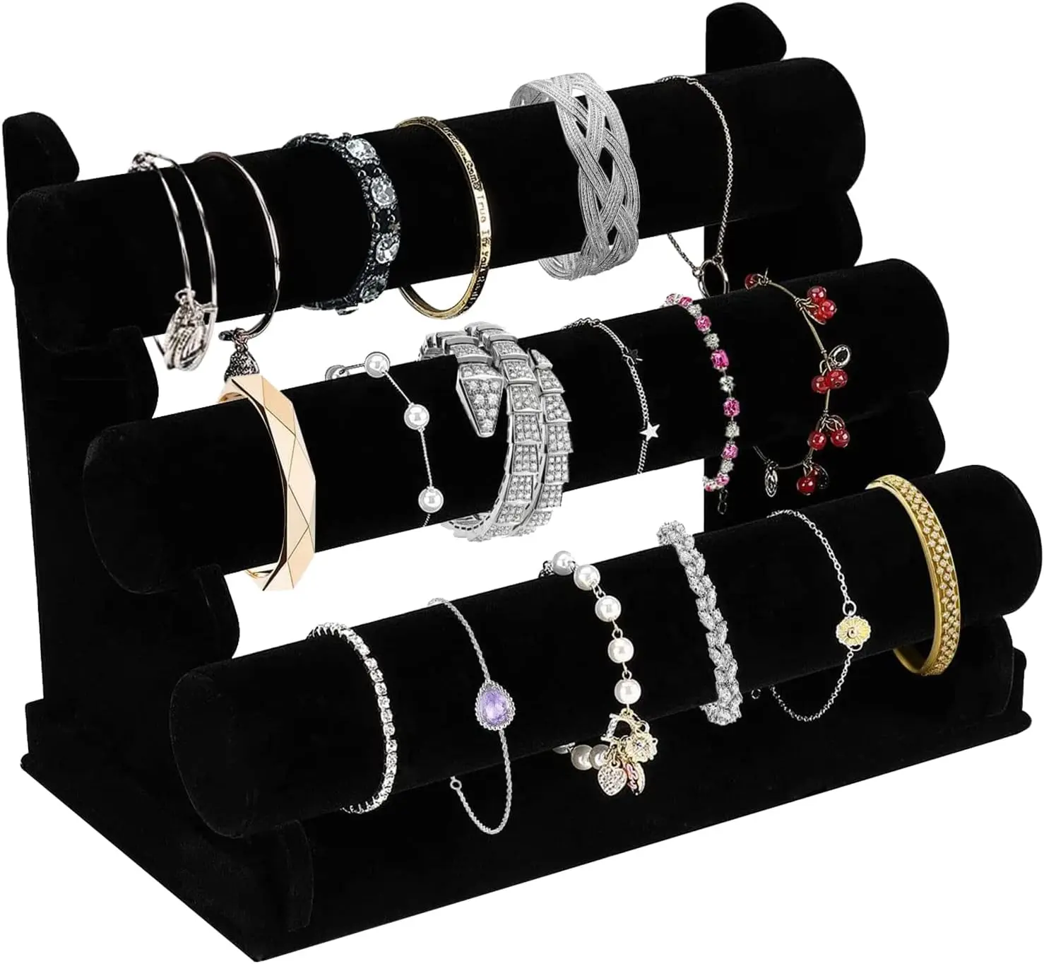 Velvet Bracelet Holder with 3 Tier Rack, Black Detachable Jewelry Display Stand T-Bar Necklace Storage Organizer for Bangles Watch Bracelets Scrunchies Organization Showcase