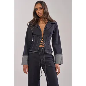 DON'T TALK TO ME LACE UP DENIM BLOUSE