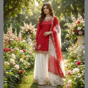 Women's Traditional Designer French Crepe Top with Embroidery, Sequence Work, Salwar Palazzo, and Organza Dupatta - Red Womenswear