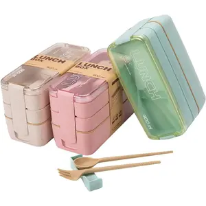 3 Pack Stackable Bento Box for Adults, Japanese Lunch Box Kit with Spoon & Fork, 3-Compartment Wheat Straw Meal Prep Containers (Green/Pink/Beige)