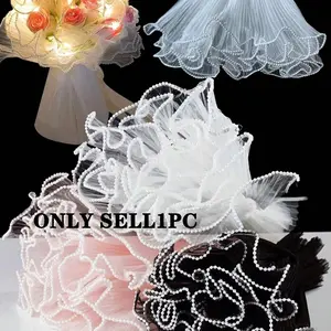 4Yards Pearl Edge Flower Wrapping Mesh Paper,Bouquet Packaging Paper Wrinkled Wavy Net Yarn For DIY Crafts Mother's Day  Birthday Favor Decor, Florist Supplies Wedding Gift Packaging Graduation,