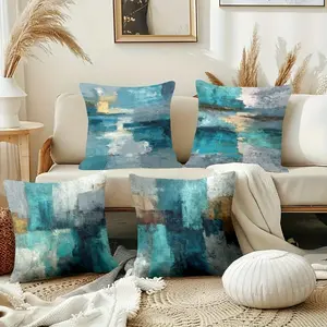 Set of 4 Modern Abstract Art Pillow Covers Featuring Abstract Strokes And Colors, Primarily in Blue And Gray, Perfect for Decorating Sofas, Bedrooms, Living Rooms, And Cars (Insert Not Included) Home Textile