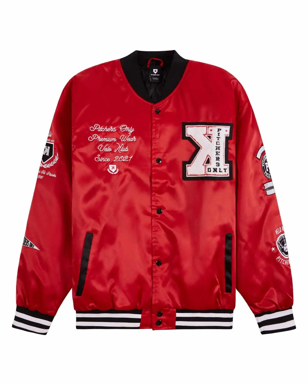 Men's Baseball Jacket, Pitchers Only Velo Klub Bullpen, Red Satin, Quilted Lining, Full Snap Closure