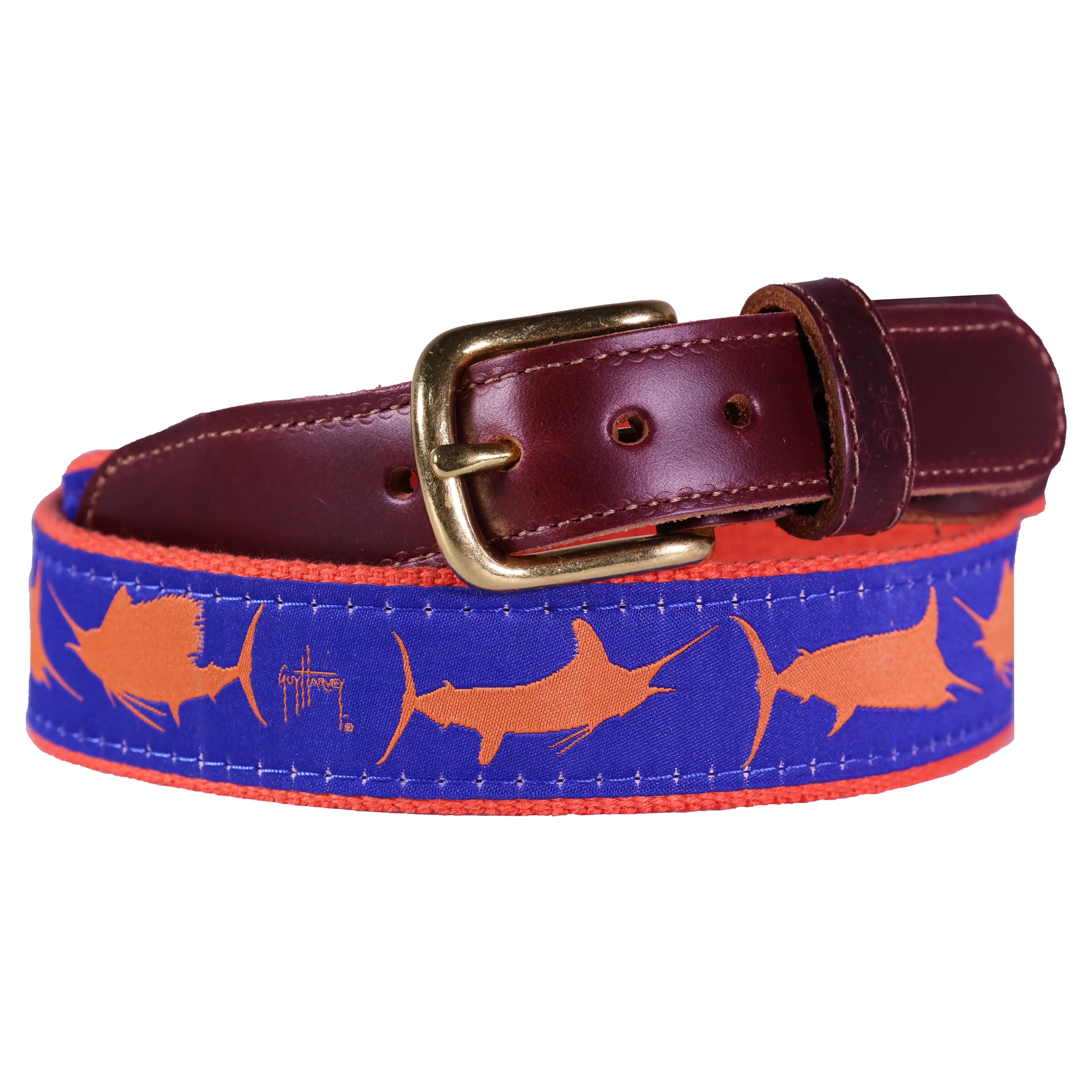 Guy Harvey Men’s Blue Marlin Orange and Royal Blue Leather Tab Belt
