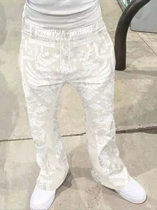 Men's Vintage Distressed Bell Bottom Pants, Fashion Geometric Print Drawstring Sports Long Pants, 3D Soft Breathable Lightweight Fabric, Casual Daily Wear, Trouser