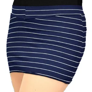 Navy Blue Striped Mini Skirt - Stretch Knit Comfort - Crossdresser & Transgender - High-Waisted, Soft Fabric, Versatile Styling, Classic Striped Pattern