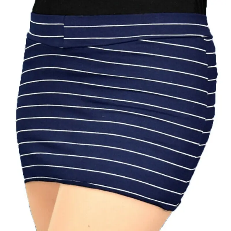 Navy Blue Striped Mini Skirt - Stretch Knit Comfort - Crossdresser & Transgender - High-Waisted, Soft Fabric, Versatile Styling, Classic Striped Pattern
