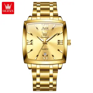 OLEVS Men's Square Gold Dress Watch, Stainless Steel with Classic Roman Numeral Quartz Dial, Date Display & Luminous Hands, Gold Watches