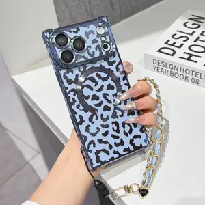 Luxurious Fashion Creative Four-Corner Anti-Drop Solid Leopard Print Magnetic Lens Film + Hand Strap Phone Case Cover for Apple 17/16/15/14/13