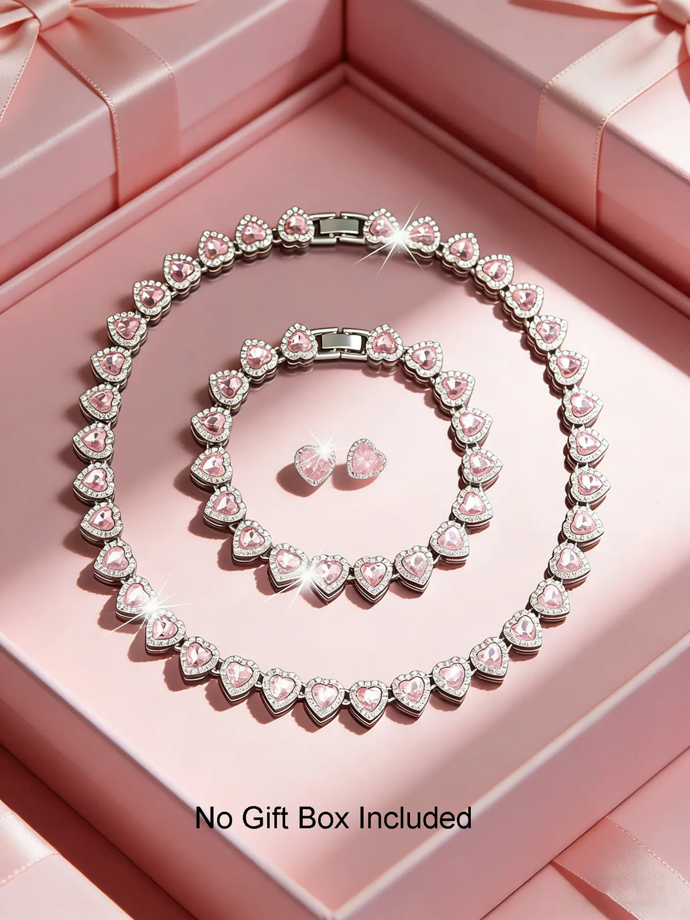 3-Piece Pink Heart-Shaped Iced Out Necklace & Bracelet & Stud Earrings, Elegant Costume Jewelry Set, Perfect for Weddings, Parties, Date Nights & Gifting