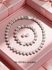 3-Piece Light Pink Heart-Shaped, Heart Pattern Jewelry Set (Necklace, Bracelet & Studs Earrings),Iced Out Cuban Chains, Perfect for Weddings, Bridal Wear, Parties, Date Nights & Valentine’s Day Gifting