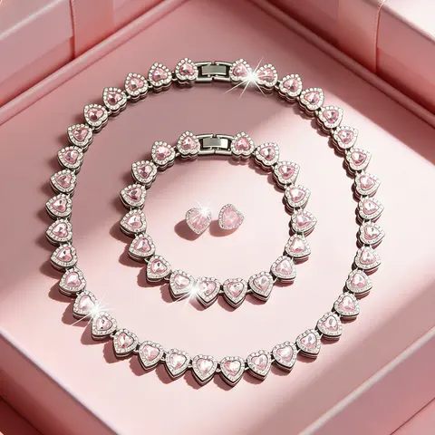 3-Piece Pink Heart-Shaped Iced Out Necklace & Bracelet & Stud Earrings, Elegant Costume Jewelry Set, Necklace and Bracelet Set, Bridal Sets, Perfect for Weddings, Parties, Date Nights & Gifting