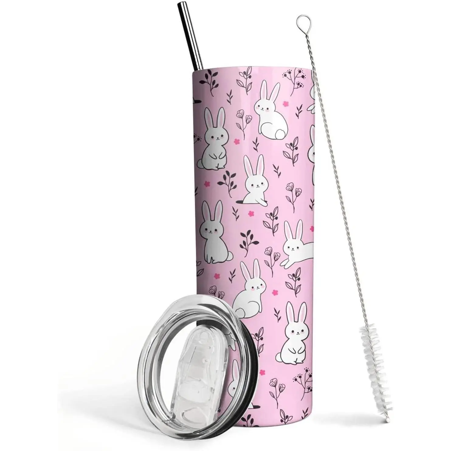 Women's 20 Oz Classic Skinny Stainless Steel Thermal Vacuum Insulated Bunny Tumbler - Pink Kawaii Design, Portable Drink Container with Lid & Straw, Birthday Gift for Animal-Loving Girlfriend (Kitchenware)