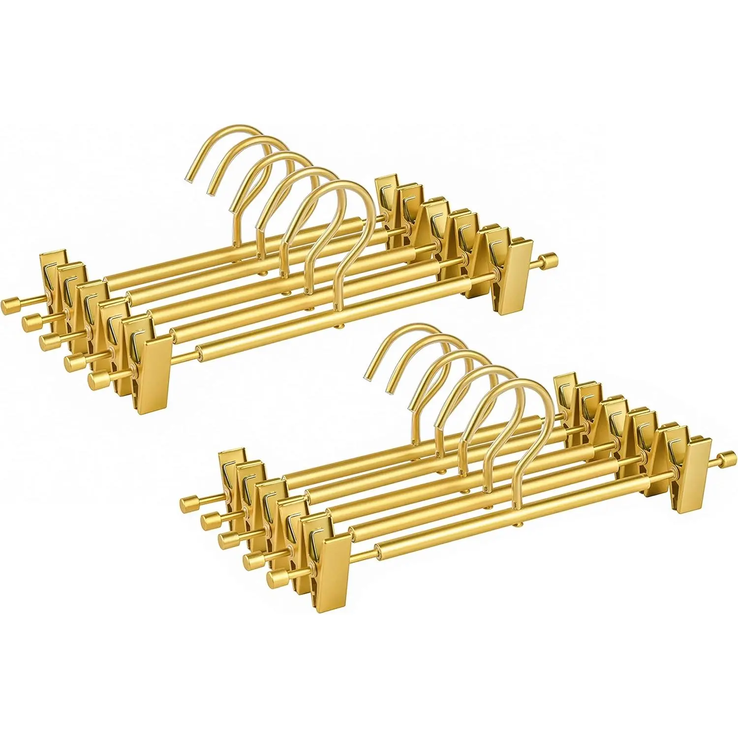 10-Pack Premium Matte Gold Aluminium Pants Hangers, 12.2 inch Chic Business Closet Decoration with Hanging Mount, Extra Smooth Durable Light Sturdy Organiser with 2 Adjustable Non-Slip Clips & Swivel Hook (Slide-Ready Design)