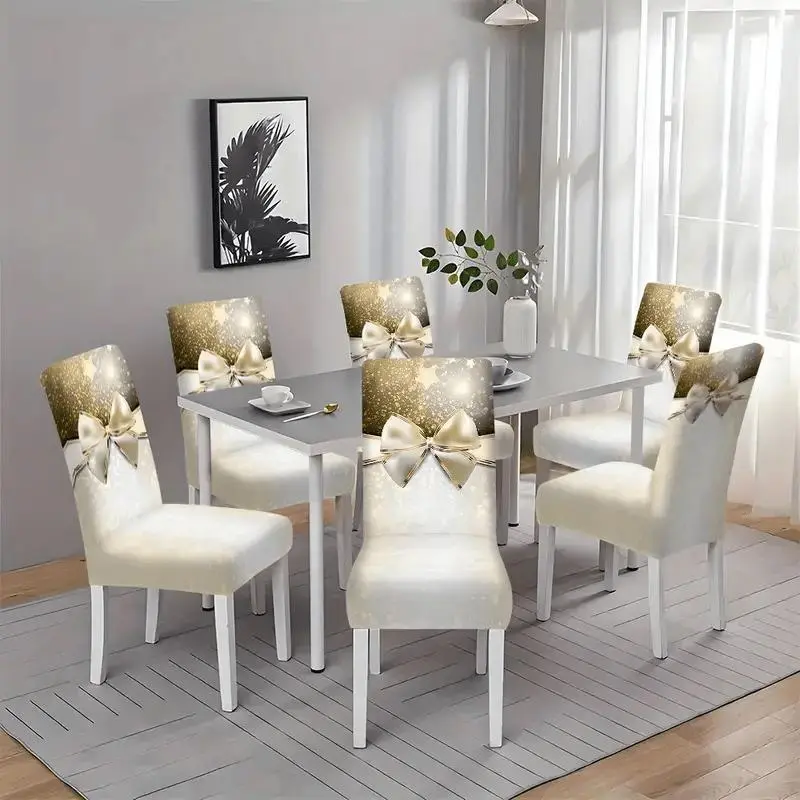 White Gold Glitter Bow Dining Chair Covers, Luxury Star Stretch Parsons Slipcovers 4PC/6PC