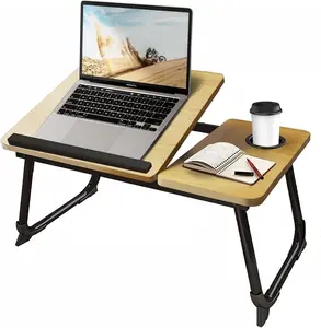 Laptop desk for bed or sofa; laptop desktop; bedside work desk; home office desk; breakfast tray; desktop with cup holder; watching movies in bed; laptop stand for bed; foldable leg desktop (yellow); tablet slot for remote work