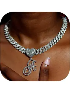 1 Pc Cursive Gold Initial Pendant Necklace Iced Out Miami Cuban Link Chain for Women 18K Gold Plated Alphabet Letter Pendant Choker Hip Hop Chain Trendy Rapper