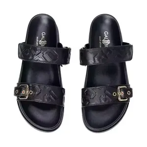 GALX Luxe Sandals - Black with Gold Buckle Detailing and Embossed Design