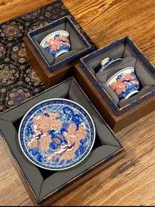 Blue and White Porcelain Double Dragon & Lion Three-Piece Set