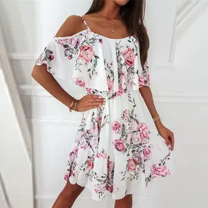 2025 Spring Summer New Chiffon Printed Strap Off-Shoulder Sexy Dress White Casual Womenswear Bohemian