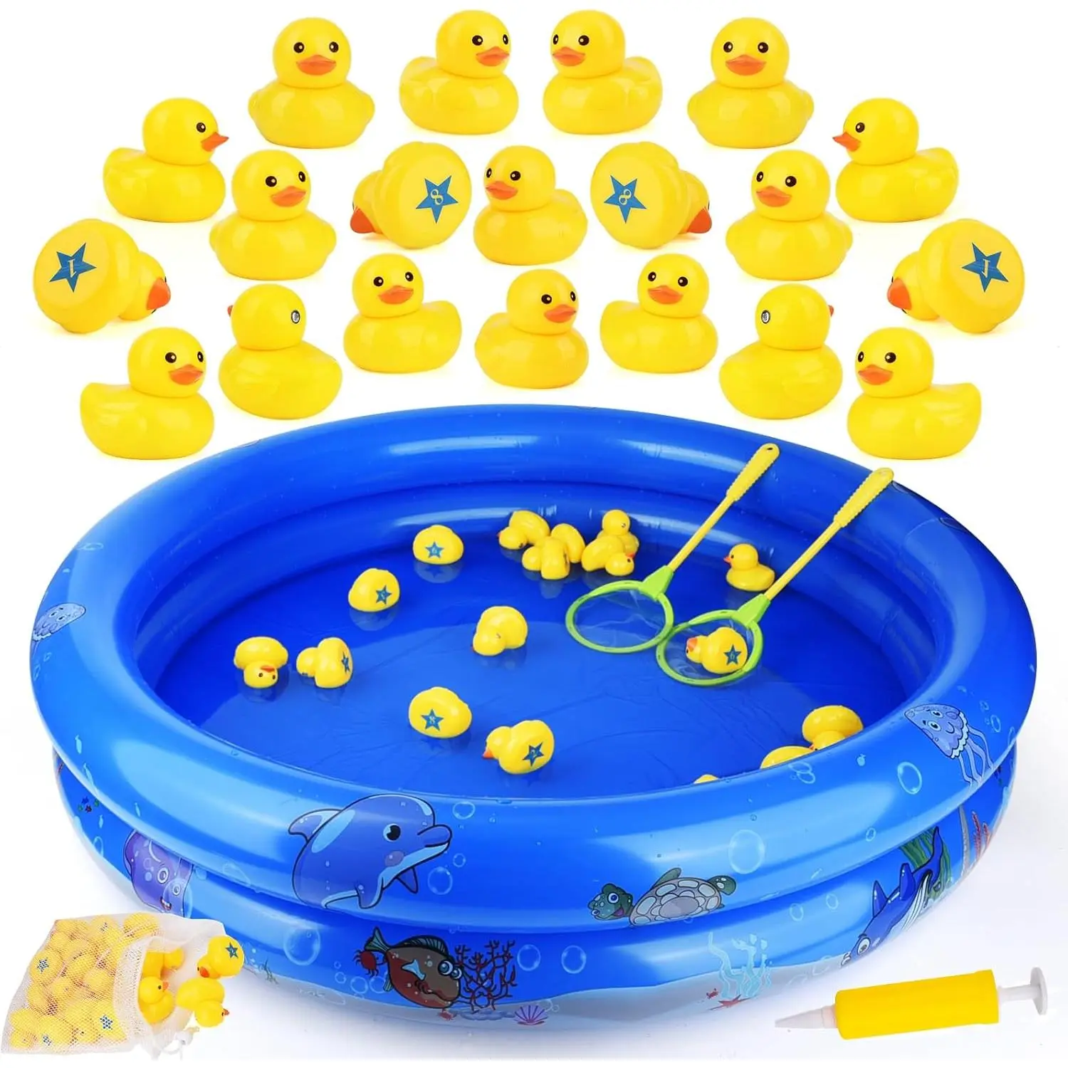 Duck Matching Game Toys for Kids - 20 Plastic Ducks with Numbers,34" x 7" Kiddie Pool |   Storage Bag, 2 Nets - Fun Memory Games - Water Outdoor Game for Children,Preschoolers,Birthday Party Carnival