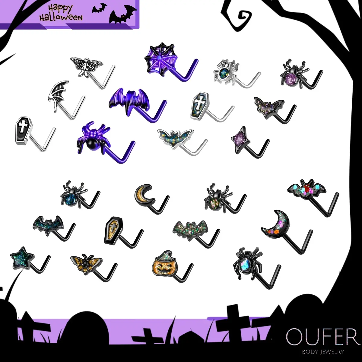 OUFER 20G 3PCS 316L Stainless Steel Body Jewelry Nose Ring Set - Halloween Spooky Unique Design, Vibrant Purple Web/Spider/Bat Motifs, Body-Safe Piercing Costume Fashion Accessories, Body-Safe Piercing Jewelry