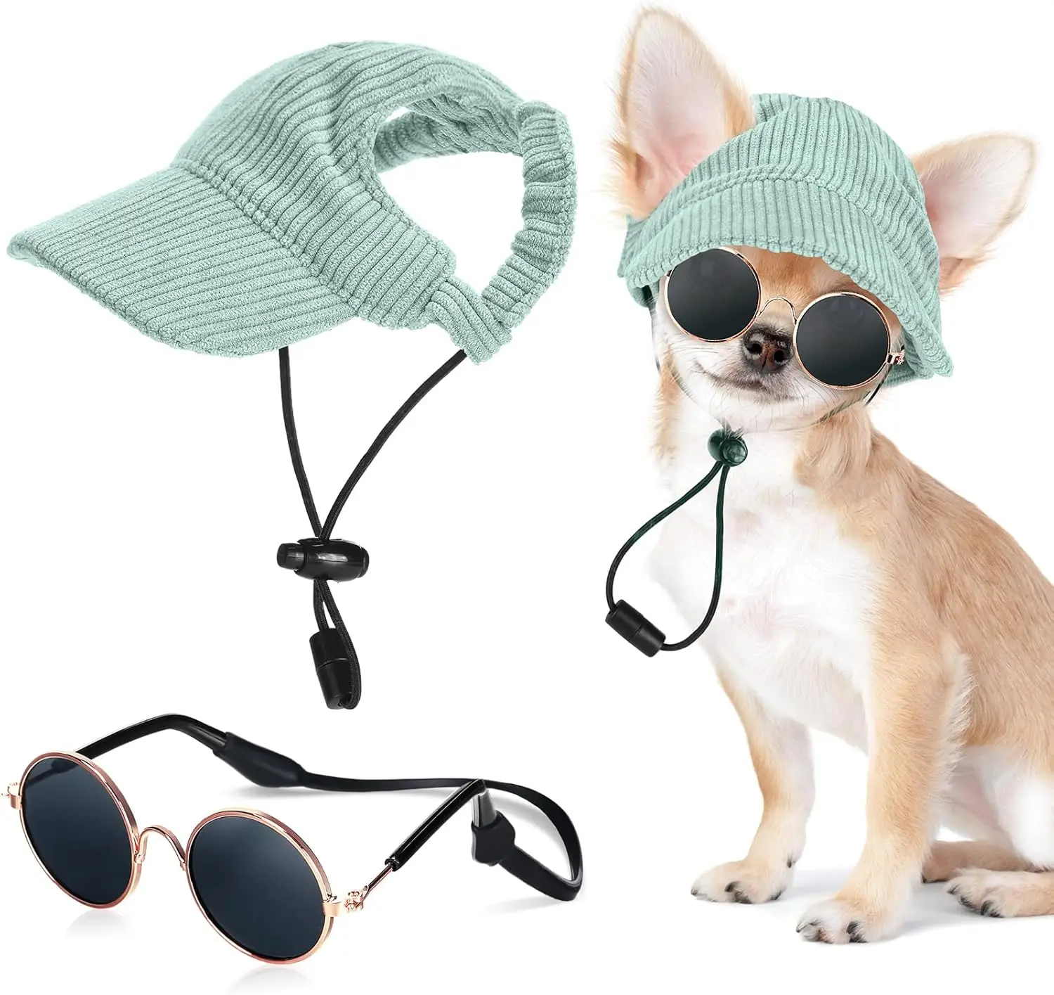 Small Dog Sun Hat & Sunglasses Set – Adjustable Puppy Baseball Cap with Ear Holes, Anti-Slip Strap Pet Summer Beach Visor for Small Dogs & Cats