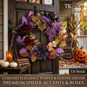 Garvee 18 Inch Halloween Wreath for Front Door Gothic Wreath with Spiders and Black Roses Creepy Outdoor Indoor Decor for Window Mantel Wall Fireplace - Durable Artificial Decorations