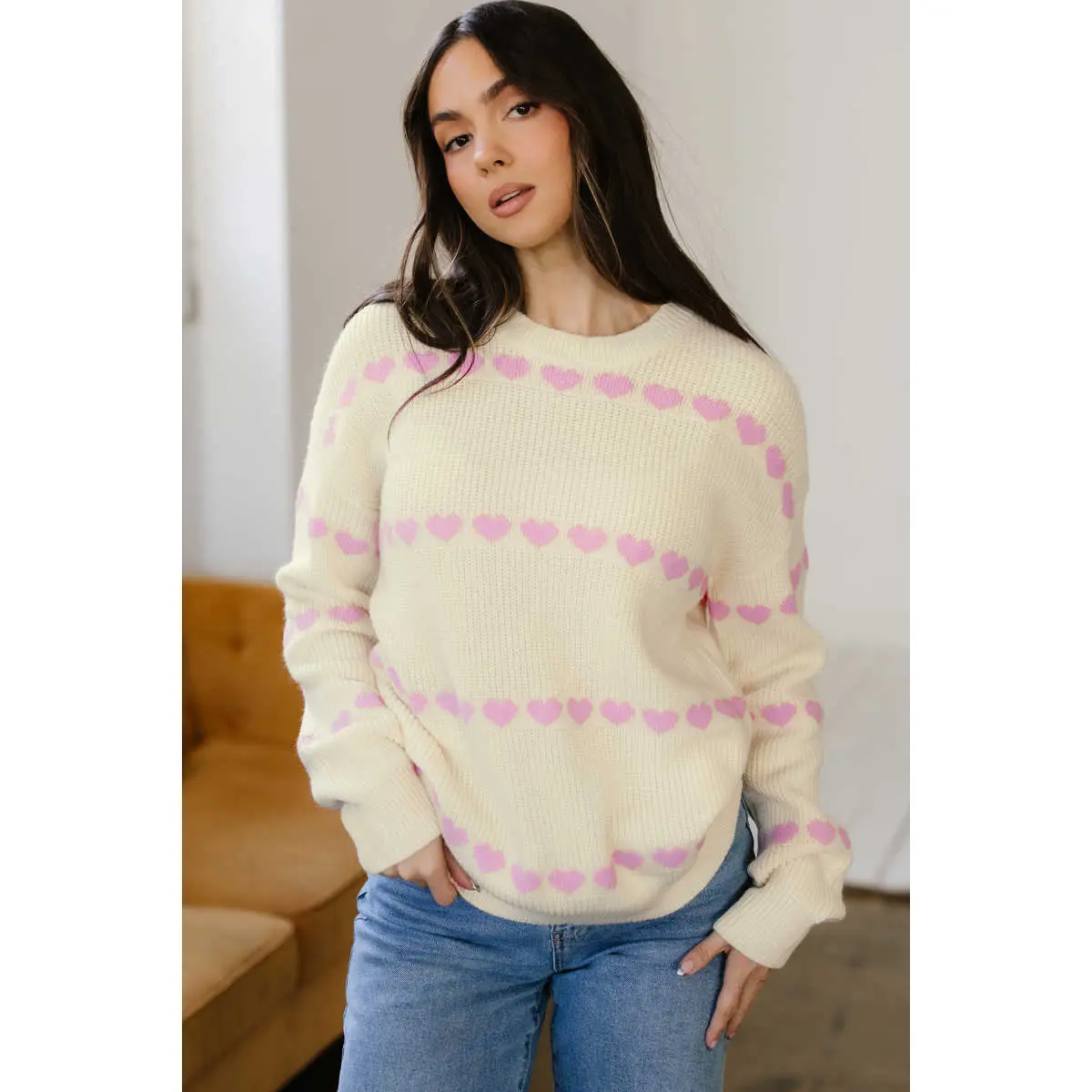 Pink Heart Pattern Valentine Ribbed Knit Sweater