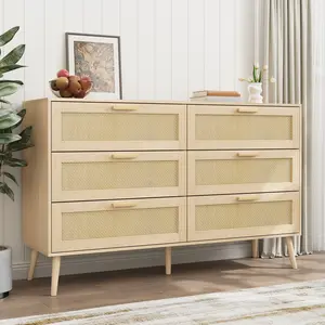Rattan 6 Drawers Chest of Dressers for Bedroom, Modern 6 Drawer Dresser, Wide Chest of Drawers with wood Handles, Rattan Dresser Storage Cabinet for Living Room, Bedroom, Hallway