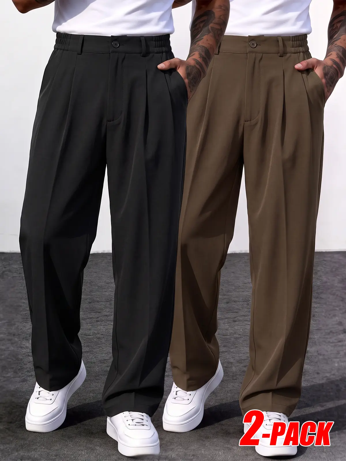 2-PACK Pleated Straight Cropped Suit Pants For Men, Lightweight Breathable Anti-Wrinkle Fabric, Half Elastic Waist Design, Old Money Style Clean Fit Aesthetic, Versatile Cropped Trousers For Semi-Formal And Casual Scenarios Multi Pack