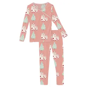 Print Long Sleeve Kimono Pajama Set in Blush Yeti