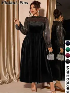 Plus Size Women's Elegant Chic Velvet Mesh Bubble Sleeve Waist Cinched Party Dress, Fall & Winter Fitted Plain Style