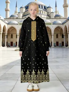 Girls' Hooded Abaya with All-Over Gold Dot & Floral Ethnic Print, Black Long Kaftan