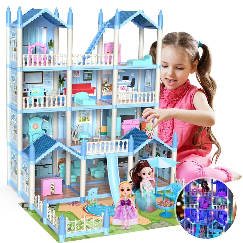 Eaglestone Girl Doll Kit - 14-Room Furniture, Colorful Lights, Safe Plastic Walls, 26in×20in×24in Blue Dollhouse, Doll Figures, Extra Parts, Cool Gifts for Kids, Kids Stuff for Girls, Decoration (Ages 3+)