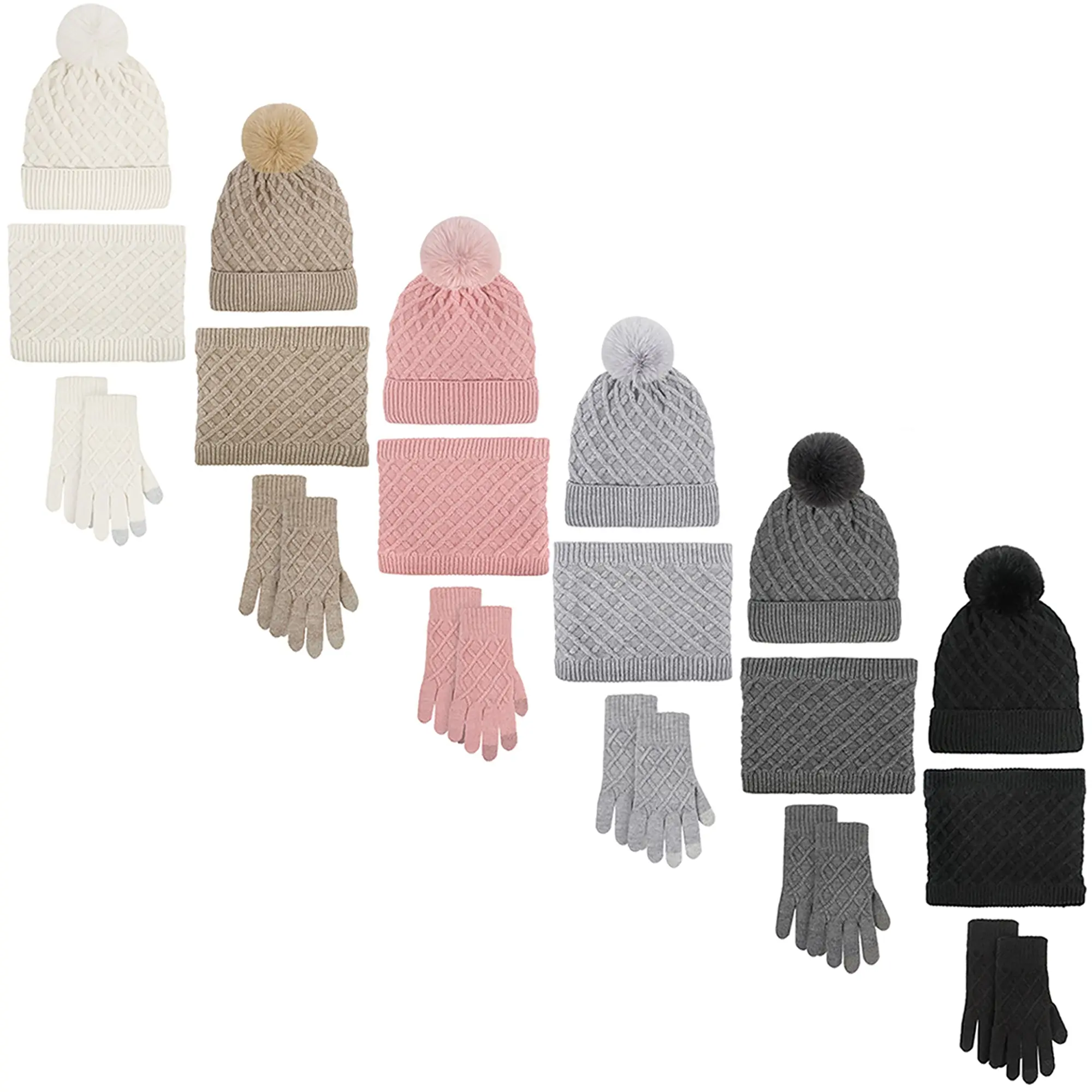 Unisex Winter Pom Pom Hat, Infinity Scarf and Glove Set