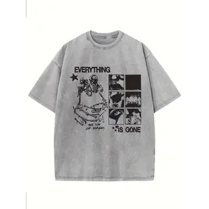 Everything Disappeared Men'S Oversized Heavyweight Acid-Wash Vintage Streetwear T-Shirt - Light Distressed Graphic Print with "Everything Is Gone" Slogan, Unisex Loose Fit Hip-Hop Basic Round Neck Tee for Men & Women