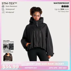 【Restocked】PUFFIT STM-TEX Short One-Size Rain Jacket With Pleated Hem,Hooded Jacket,Waterproof Jacket,Women Jacket,Wide-Brim Hood,Adjustable Cuffs,Zips,Outdoor Sport,Jacket,Statements,Windbreaker,Spring,Dog Walking,School Running,Football Mum,Stylish