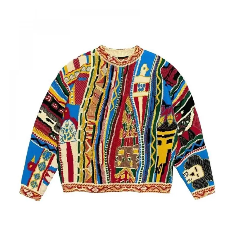 Autumn Winter New Retro Fashion National Trend Casual Thick Knit Sweatshirt 3D Digital Print Men's Crew Neck Sweatshirt
