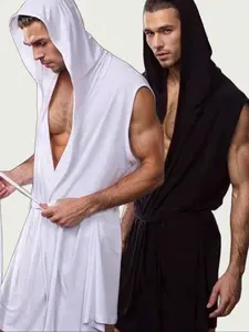 Men's Sexy Ultra-Thin Hooded Bathrobe Set, Long Sleeveless Spa Robe, Casual Home Wear, Spring Summer Pajamas, Two-Piece