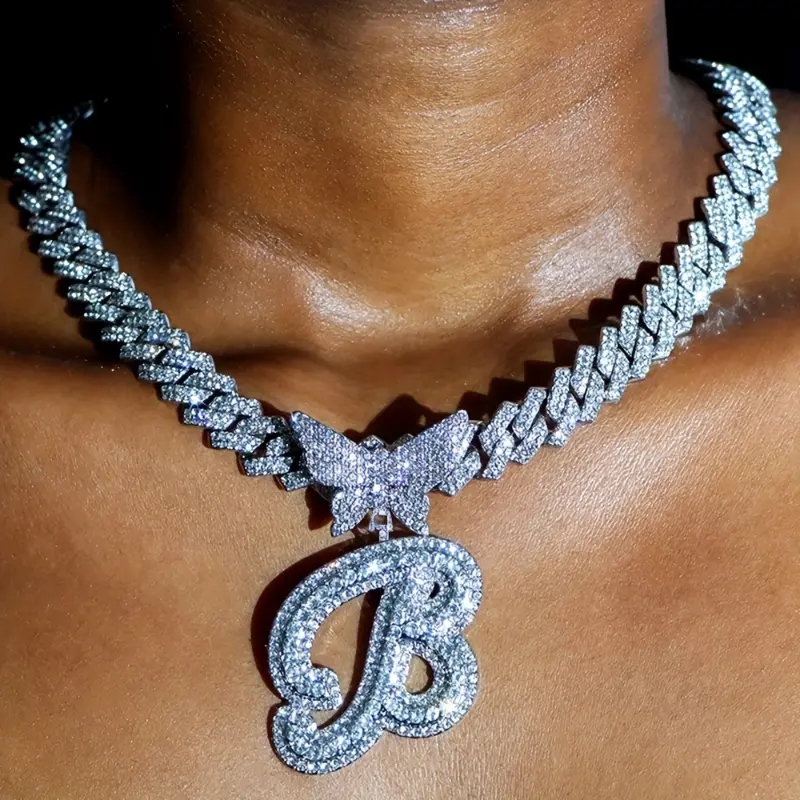 Punk Butterfly Pendant Necklace with Ice Crystal Rhinestones, Custom Cursive Initial Letter Charm in Zinc Alloy, Letter Necklace, Butterfly And Rhinestone Detail Necklaces