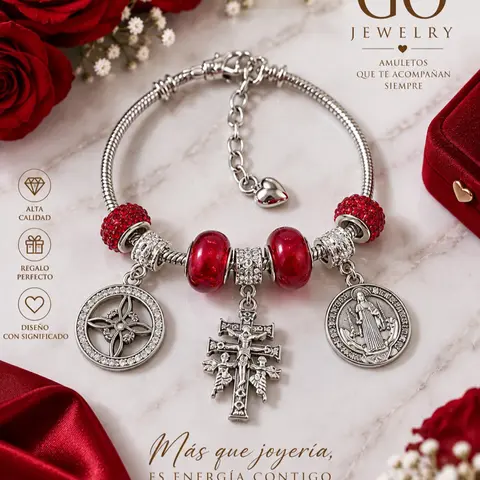 red triple protección bracelet add charms. nudo de bruja cruz de caravaca, medalla de San Benito