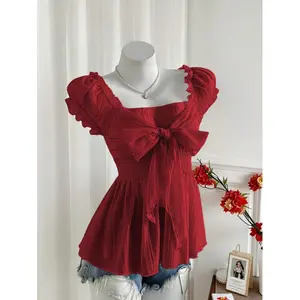 Sweet and Sexy Bow Chiffon Short Sleeve Women's Blouse, Summer Style
