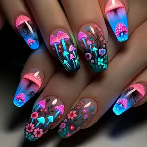 Luminous Mushroom & Flower Pattern Fake Nails, 24pcs Long Square Nails for Women & Girls DIY Nail Art, Removable Elegant Stick on Nails Kit, Pressed on Nails