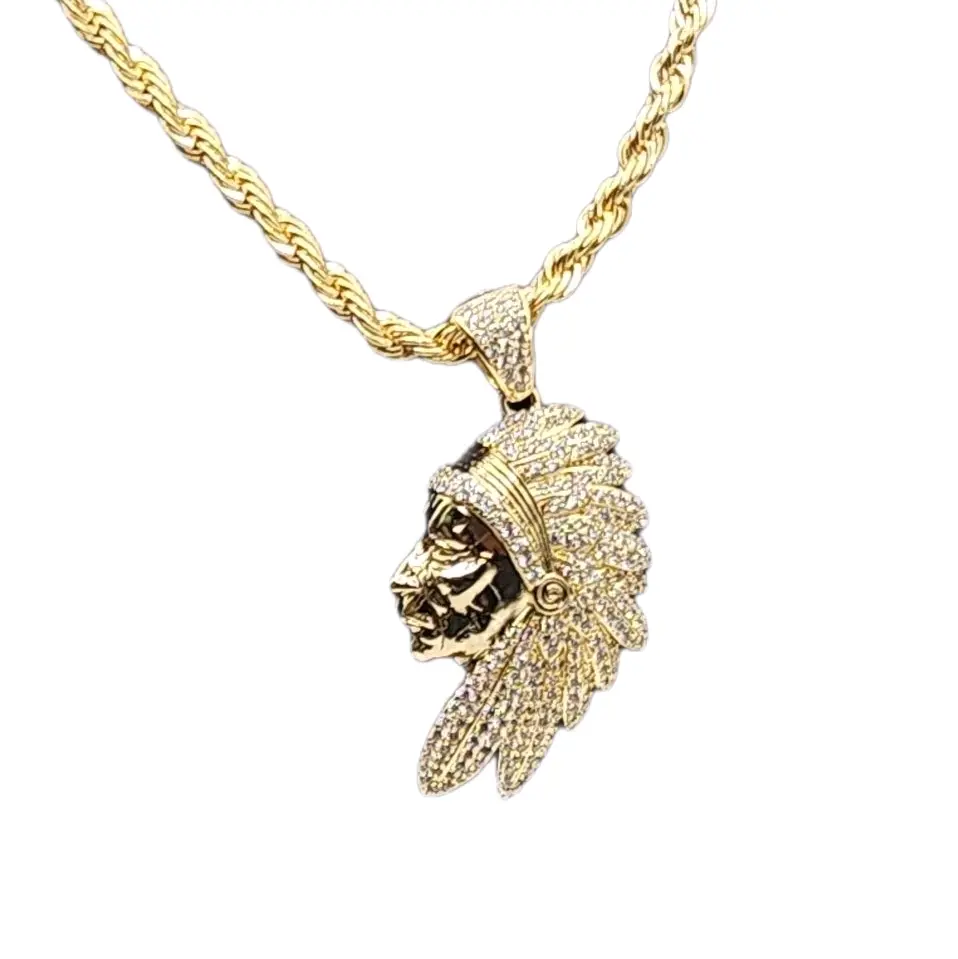 Indian Chief Pendant with Rope Chain 14k Gold Plated Necklace for Stylish Wear