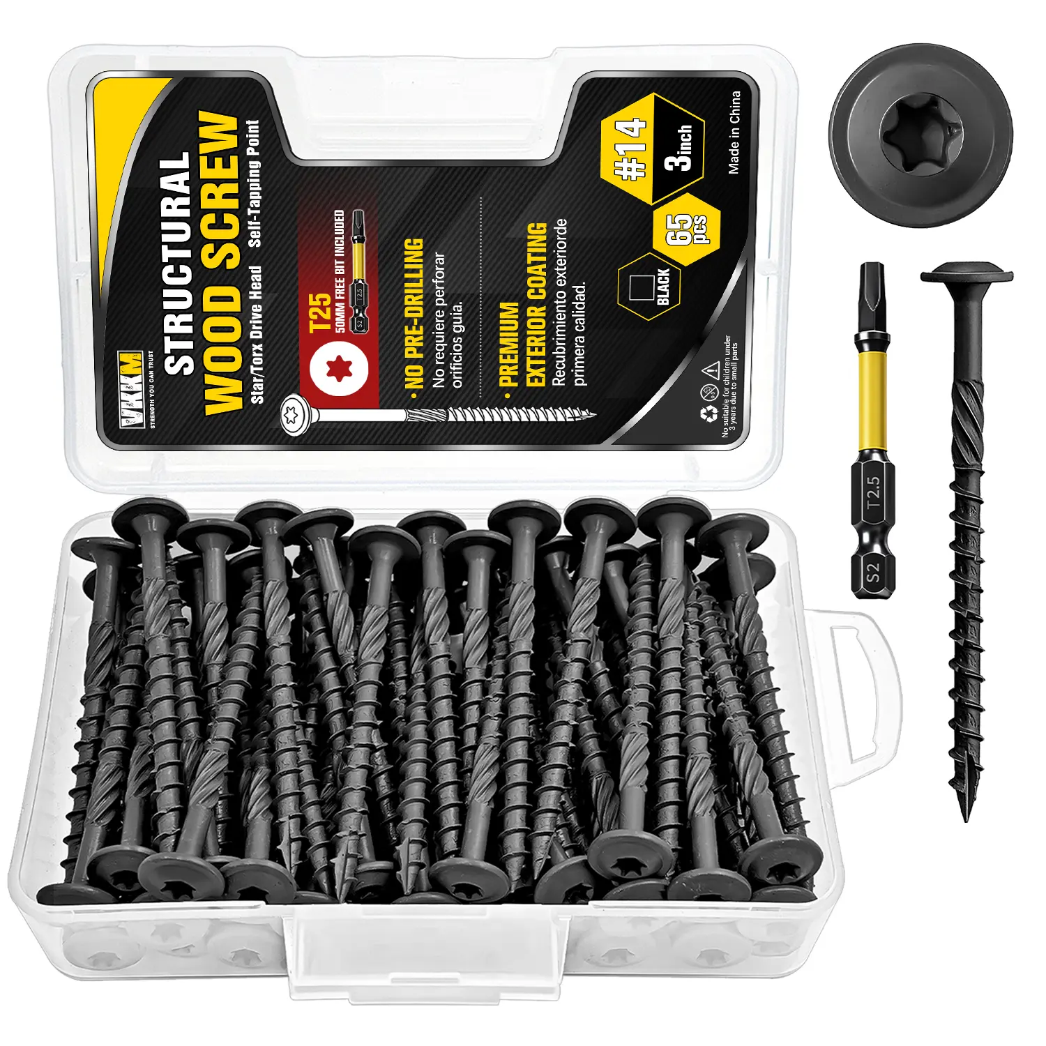 VKKM 105PCS 2 Sizes #14 x 3" & #14 x 5" Heavy Duty Structural Wood Screws Kit, T25 Torx Star Drive Self Tapping Fasteners, Exterior Rust Resistant Coating, No Pre-Drilling with Free Drive Bit for Decks, Timber Framing & Outdoor Construction