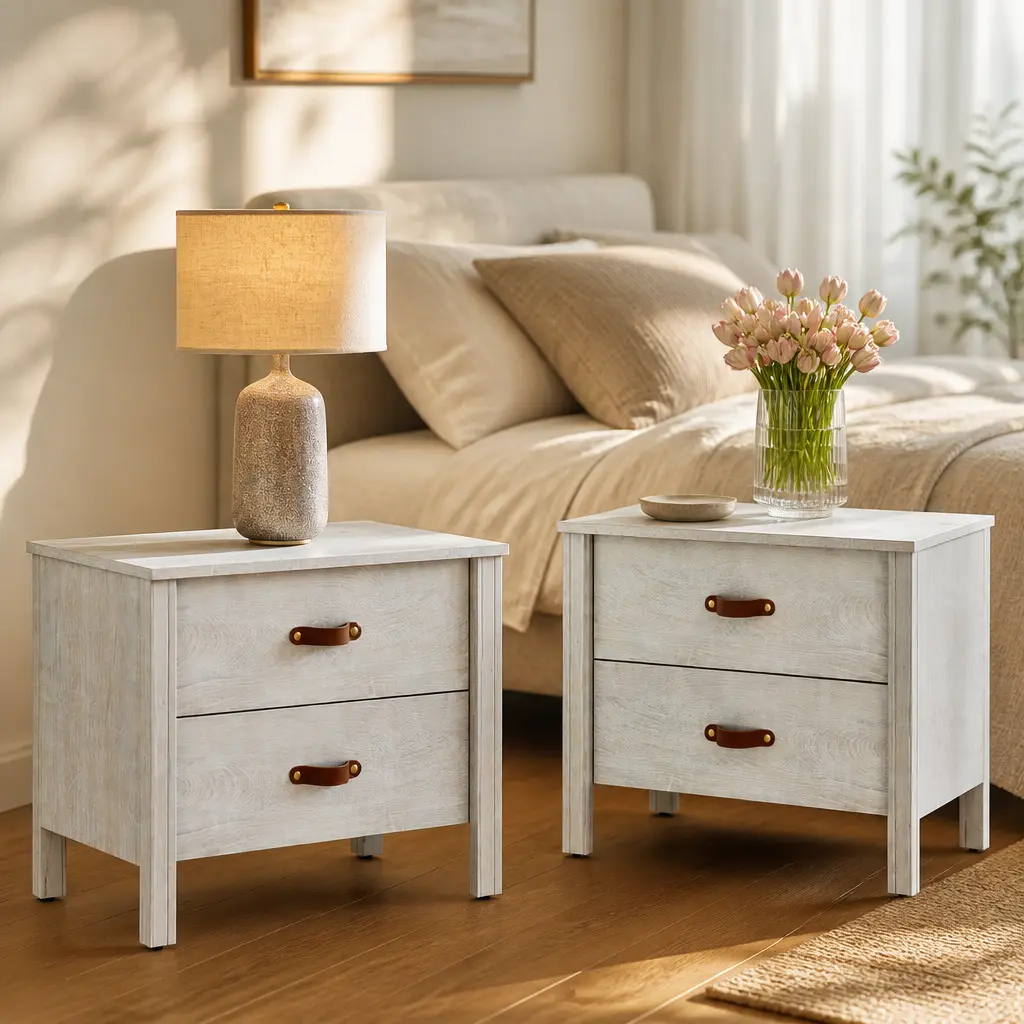 【TiktokShopStockUp】 Classic Modern White Wood Rectangular Nightstand Set with Leather Pulls, Drawers for Bedroom (1pc/2pcs)