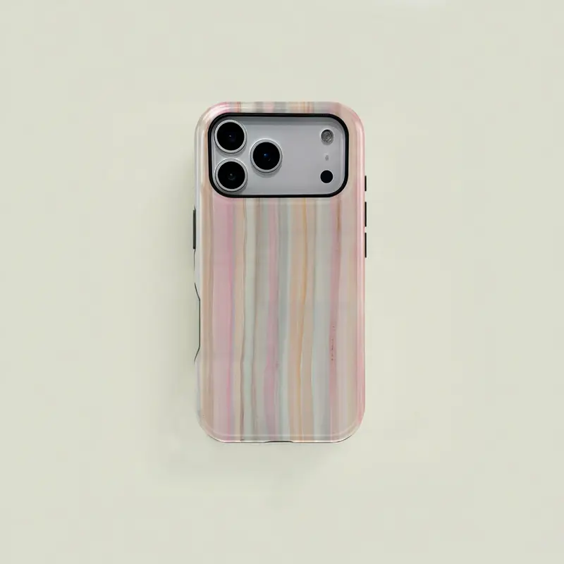 This light blue and beige watercolor style striped protective case is a durable 2 in 1 device suitable for iPhone 17/16/15/14/13/12/11 Pro Max/Plus/Pro and Samsung Galaxy S26/S25/S24/S23 Ultra series. It features a simple and stylish design.