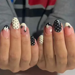 24pcs Star Moon Wave Dot Almond Nails, Block, Detachable Nail Stickers, Easy Apply, Reusable, Beginner Friendly