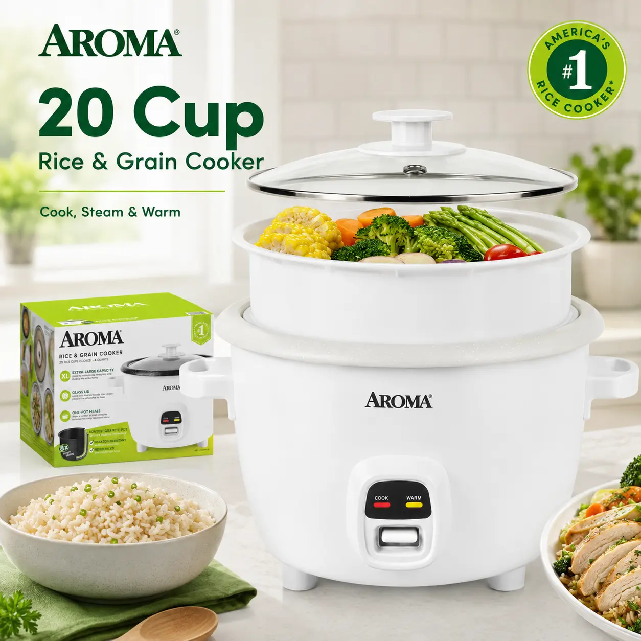 Aroma 20-Cup Cooked Rice Cooker & Grain Steamer with Tempered Glass Lid & Steam Tray